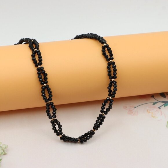 Rose Gold Black Beaded Necklace with Gold-Plated Brass Finish, XPNL0234 - Picture 1 of 12